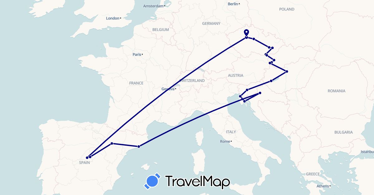 TravelMap itinerary: driving in Czech Republic, Spain, Croatia, Hungary, Slovenia, Slovakia (Europe)